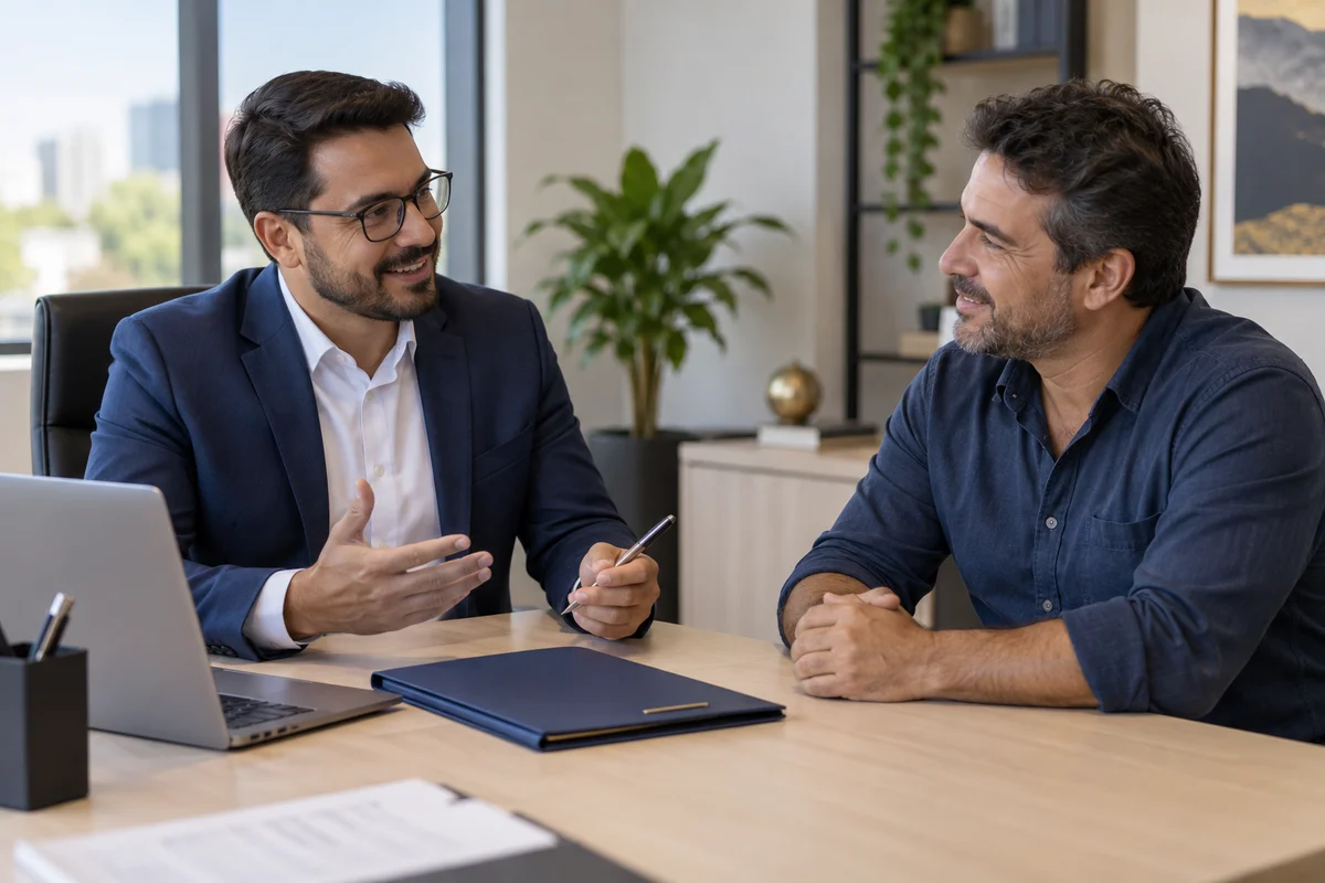 Cena ilustrativa de uma conversa entre profissional de contabilidade e empresário